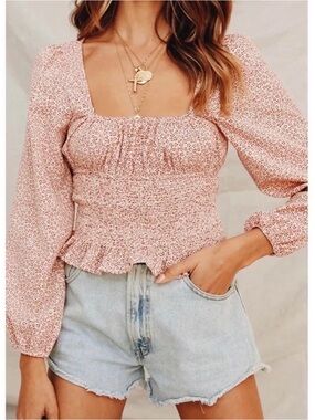 NLW Current Fashions - Boho Red White Spotted Smocked Top